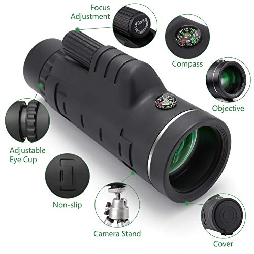 Monocular Telescope High Power 40x60 - CE Optics High Powered BAK4 45 Degree Angled Eyepiece Telescope with Smartphone Tripod and Mount Adapter for Target Shooting, Birdwatching, Wildlife Scenery