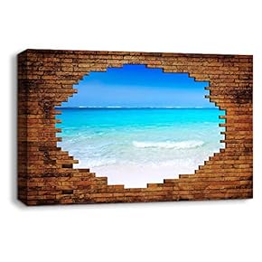 Canvas Wall Art Beach View Shot Through Bricks Painting Artwork for Home Prints Framed - 12x18 inches