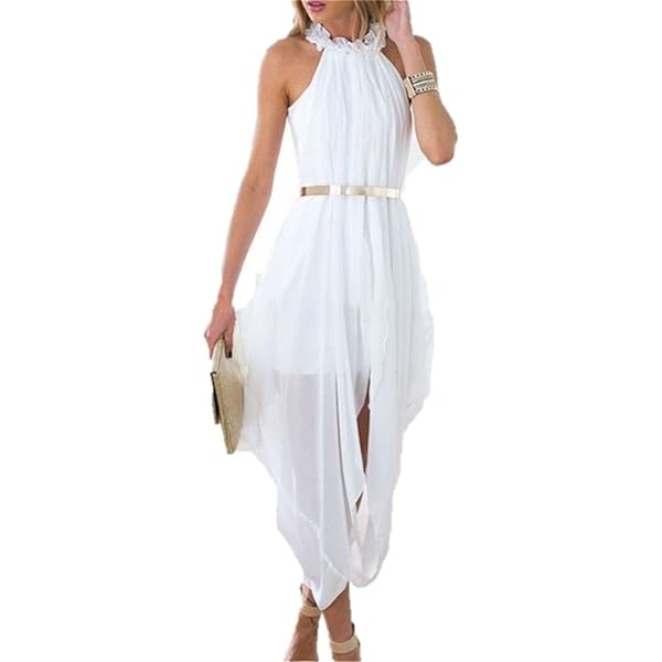white and gold casual dress White A-Line Dress w/ Gold Print and Belt w/ Metal Gold Chain Perfect Wear