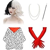 SpeedBeauty 5 Pcs Halloween Dalmatian Costume Include Dalmatian Shawl Red Gloves Black White Wig and Pearl Necklace for 1920s Costume Cosplay Accessories