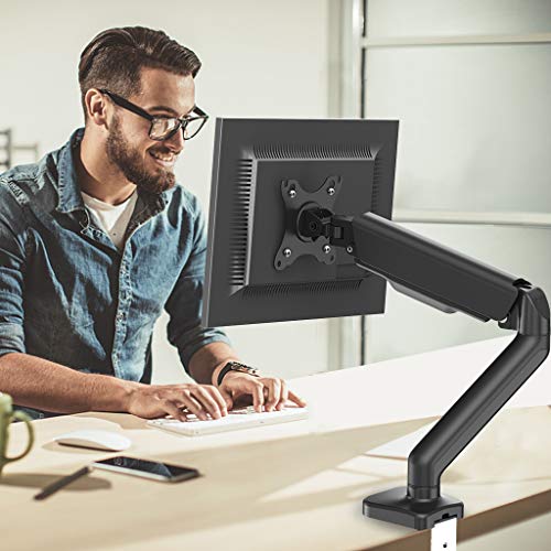 Single Monitor Desk Mount Stand - PUTORSEN Articulating Gas Spring Monitor Arm, Adjustable VESA Mount Desk Stand with Clamp and Grommet Base - Fits 17 to 27 Inch Computer Screens, Hold up to 14.3lbs