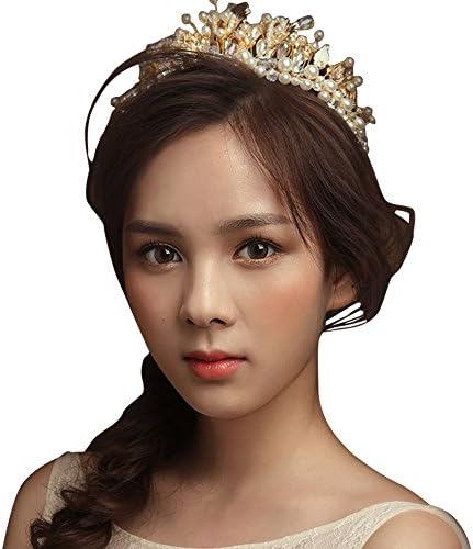Jescrich Crystal Pearl Crown Bridal Hairpieces Adjustable Headband with Ribbons