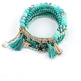 Caiyao Boho Multilayer Stackable Bracelets Crystal Beaded Bracelets Set Cyan Blue Bohemian Handmade Beaded Bracelets Strand Statement for Women Jewelry