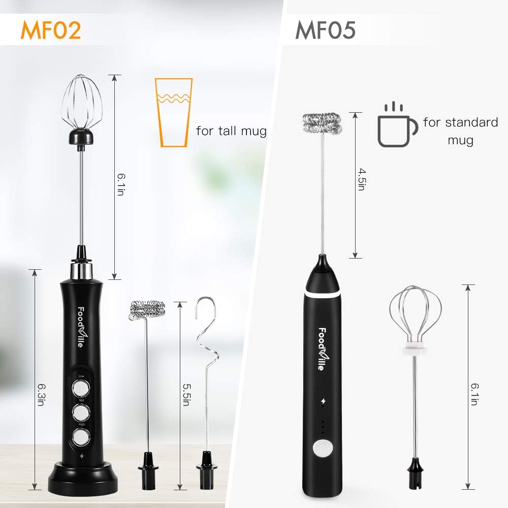 FoodVille MF02 Rechargeable Milk Frother Handheld Foam Maker with Stainless Whisk for Cappuccino, Latte, Bulletproof Coffee, Keto Diet, Protein Powder, Matcha: Kitchen & Dining