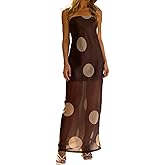 Muineobuka Women Polka Dot Elegant Long Dress Square Neck Spaghetti Strap Sheer Mesh Slim Maxi Dresses