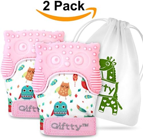 Two Baby Teething Mittens by Giftty, Soothing Teether Mitt & Teething Pain Relief Toy, Prevent Scratches Glove, Cute Animal Owl Collection, Unisex for 0-9 Months Baby (2-Mittens, 1 Travel Bag, Pink)