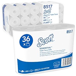 Scott Essential, 8517, Standaardrol toiletpapier, 2-laags, Wit, 36 rollen x 600 vellen