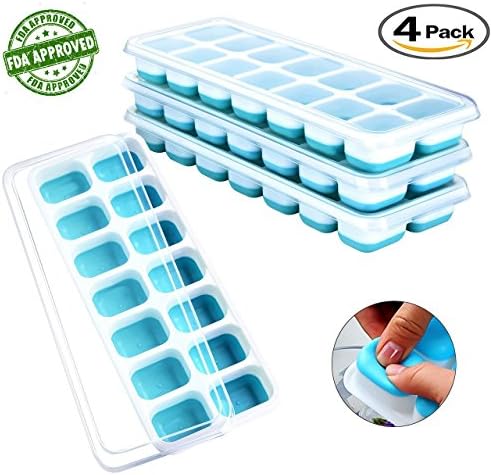 Brazon Silicone Ice Cube Trays with Spill-Resistant Lids, Easy-Release & Flexible 14-Ice Trays, LFGB Certified & BPA Free โ Blue, Pack of 4