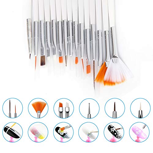 Nail Art Kit, WOVTE 15 Gel Acrylic Painting Brushes, 5 Dotting Pens, 12 Grids Nail Art Rhinestones, 2 Pack Colorful Diamonds Crystals Beads Gems Nail Art Decorations and 1 Tweezers for Nail Art DIY