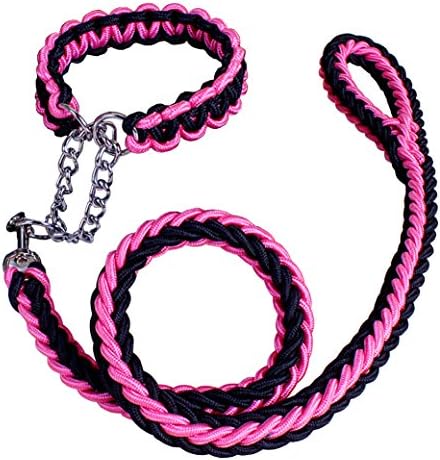 AooToo Pet Adjustable Nylon Dog Rope Slip Training Walking Leash And Pet Collar And Traction Rope Solid Hardware Best for Medium Or Large Dogs Double Colors(Pink Black, XL)