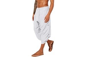 Gafeng Mens Linen Harem Capri Pants Drawstring 3/4 Shorts Casual Beach Yoga Hippie Thai Pants