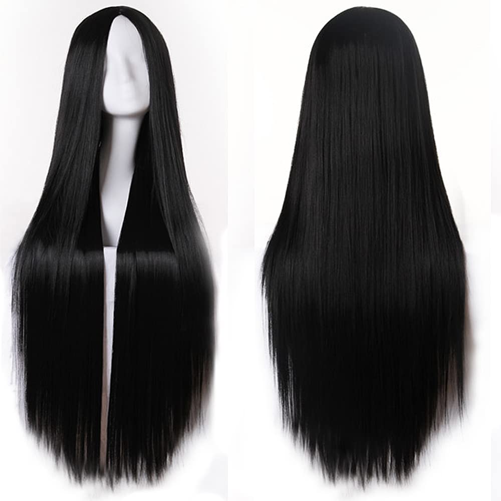 Colorful panda Black Long Wigs for Women Long Straight Synthetic Hair Wig Middle Part for Party Cosplay Halloween Anime