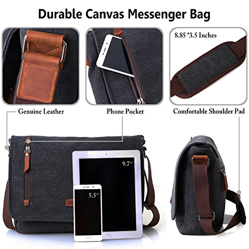 Messenger Bag for Men and Women, Canvas Leather 14 Inch Laptop Messenger Bag Shoulder Bag for Work School VONXURY - Thumbnail 3