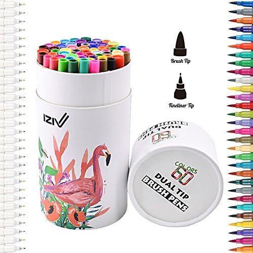 iZiv 60 Dual Tip Brush Marker Pens Set, Colored Pen Set Water Based Marker Highlighter Pens For Drawing, Arts & Crafts, Calligraphy, Shading, Coloring, Outlining, Scrapbooking & More (60 Colors)