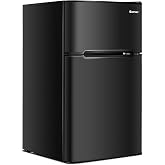 COSTWAY 3.2 Cu.ft. Mini Fridge with Freezer for Bedroom, Dorm, Office | Small Compact Refrigerator with Reversible 2-Door, Adjustable Temperature, LED Lights, Removable Glass Shelves, Black