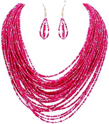 Uniklook Statement Layered Strands Colored Mini Seed Beads Beaded Chunky Wire Necklace Earrings Set Gift Bijoux