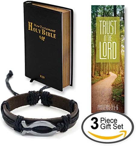 Confirmation Gift for Boys (Three Piece Gift Box Set) with Pocket New Testament Red-Letter Bible, Leather Braided Bracelet &amp; Bookmark