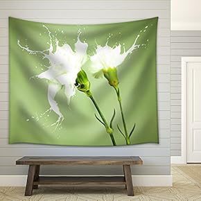 White Flowers with Milk Splash on Green Background - Fabric Wall Tapestry Home Decor - 51x60 inches