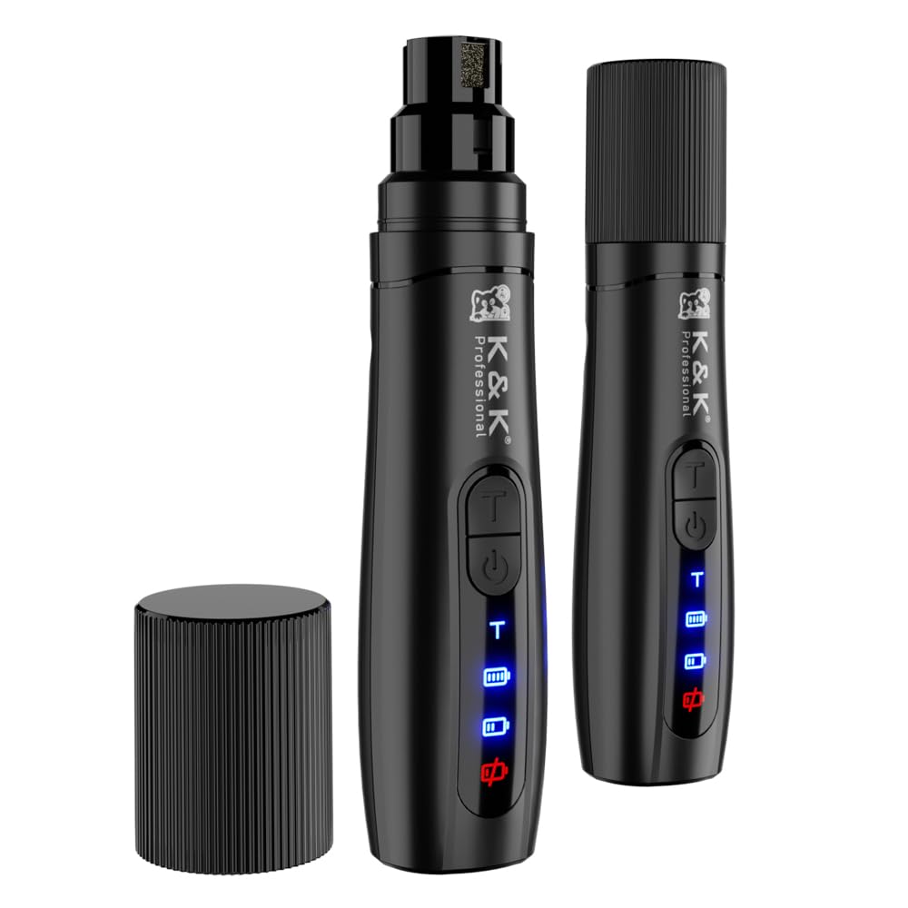 K&K Dog Nail Grinder, Professional Dual Speed Rechargeable Pet Nail Trimmer with LED Light, Painless Paws Nail Grinder for Dogs Claws, for Small Medium Large Cats & Dogs