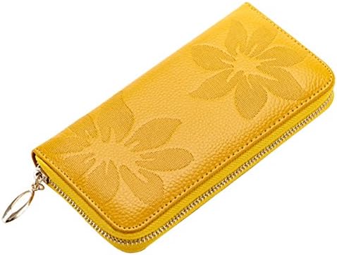 Noedy Genuine Leather Womens Kapok Pattern Long Clutch Wallet Purse Card Case Organizer Zipper Pocket Yellow