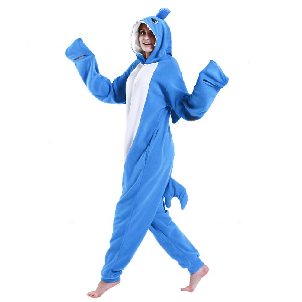 dressfan Animal Shark Onesie Shark Costume Cosplay Costume Christmas Halloween Pajamas for Unisex Adults,Dark Blue M