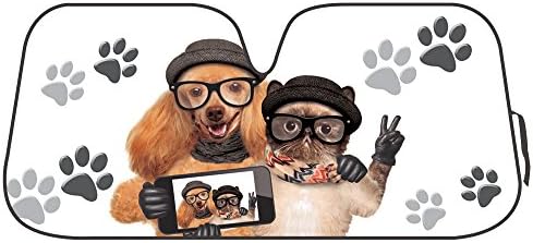KM World Licensed Auto Shade with Hipster Dog and Cat Posing for Selfie with Peace Signs and Paw Prints in the Background