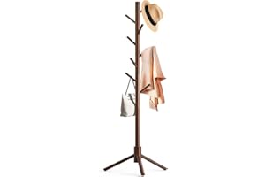 Aliphon Wooden Coat Rack Stand, Freestanding Coat Rack with 8 Hooks, 3 Adjustable Size Coat Tree for Hats, Coats, Scarves bags, Coat Hanger Stand Used in Bedroom/Office/Entryway （Brown）
