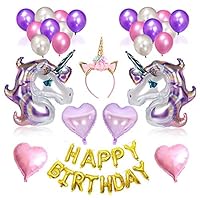 Unicorn Party Supplies -Birthday Decorations,Birthday Party Favors for Kids,Gold Birthday Banner,Glitter Unicorn Headband,Foil Heart Birthday Balloons