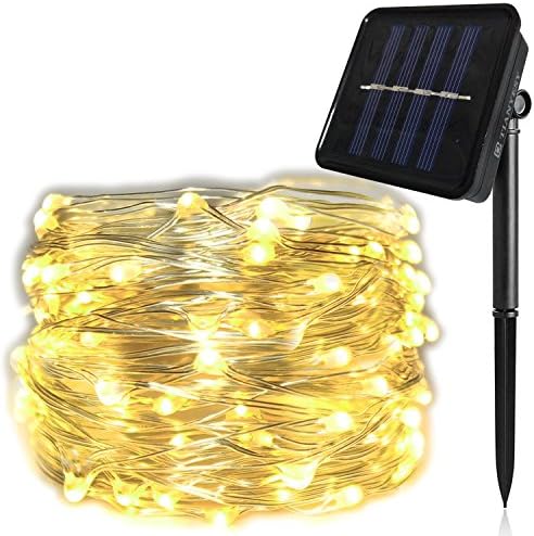TIANYESY Solar LED Christmas String Lights (Waterproof, 8 Modes, Warm White, 33 ft),Copper Wire Lights, Outdoor Solar Rope Lights for Fence,Patio,Garden,Windows and Porch(Warm White)Solar Fairy Lights