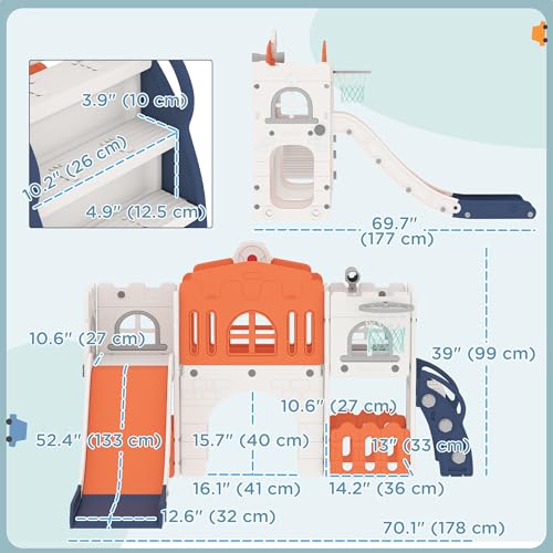 Qaba Toddler Slide, 9 in 1 Slide for Kids with Basketball Hoop, Climber, Telescope, Tunnel, Steering Wheel, Aisle, Storage Baskets, Indoor Slide Playset for 1-3 Years, Orange