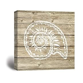 Canvas Wall Art - Wooden Background Conch Line Drawing for Living Room - Modern Home Art Stretched and Framed Ready to Hang - 12x12 inches