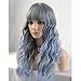 BERON 23 Inches Women Girls Lovely Synthetic Mix Color Long Curly Wigs Pin Curls with Neat Bangs Hairnet Included (Dark Grey Mix Light Blue)