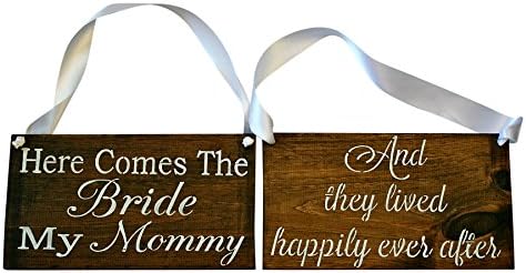 Reversible Here Comes The Bride My Mommy Sign Double Sided and They Lived Happily Ever After Rustic Wedding Wood Sign Wooden Signs (Dark Walnut/White Ribbon)