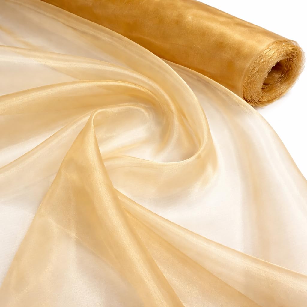 Amber Gold 1 Meter Pack Plain Sheer Lightweight Organza Voile Drape Curtain, Wedding, Chair Sash Fabric 150cm Wide