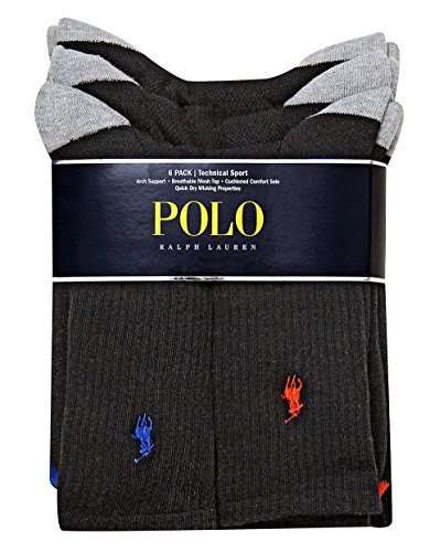 Polo Ralph Lauren 6-Pack Heel Toe and Arch Support Crew Socks Sz 10-13 Fits 6-12.5 Black Assorted