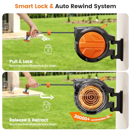 Retractable Garden Hose Reel 1/2” x 100ft, Auto Rewind Hose Reels for Outside, Heavy-Duty Wall-Mounted Outdoor Hose, 10-Mode Nozzle, Adjustable Length, 180° Rotation for Watering, Car Washing