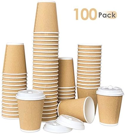 Farsmart Disposable Hot Coffee Paper Cups With Lids - Ripple Wall With Insulation For Heat Protection 100 Count -12 Oz,No Slip Grip &amp; No Sleeves Needed,Perfect For Office Bars Parties &amp; Travel
