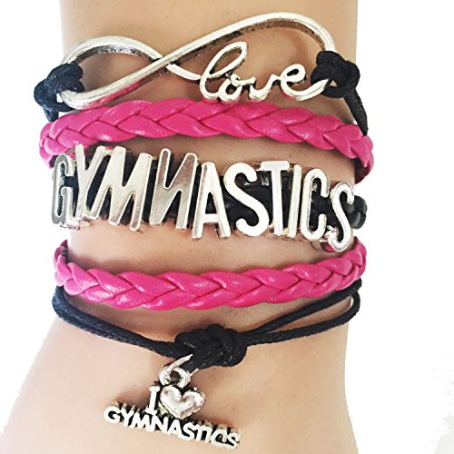 Handmade Infinity Love Gymnastics Bracelet Gift for Sports Teams- Hot Pink with Black