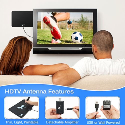 1byone TV Antenna, 50 Mile Range Amplified HDTV Antenna with Detachable Amplifier Signal Booster, USB Power Supply and 10 Feet Highest Performance Coaxial Cable-Black - Thumbnail 2