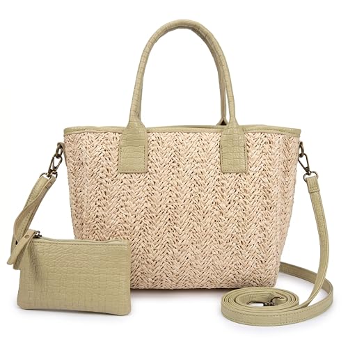 Women's Summer Bag – Raffia Bag with Green Details – Wicker Bag – Matching Purse – Beach Basket with Zip (Green)