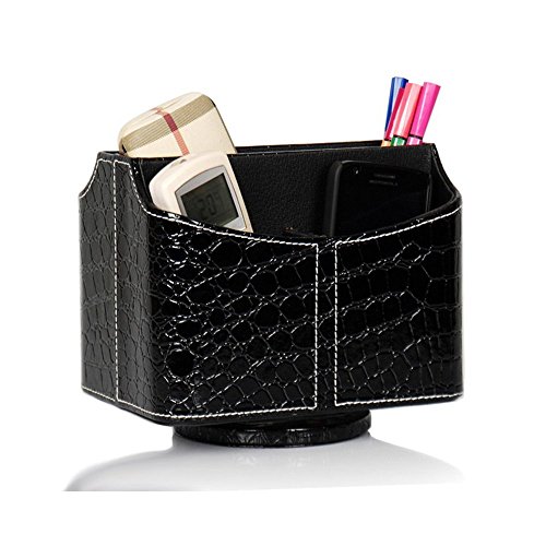 UnionBasic PU Leather Crocodile Pattern 360 Degrees Rotatable Remote Control/Controller Organizer, Spinning TV Guide/Mail/Media Desktop Organizer Caddy Holder (Crocodile Black)