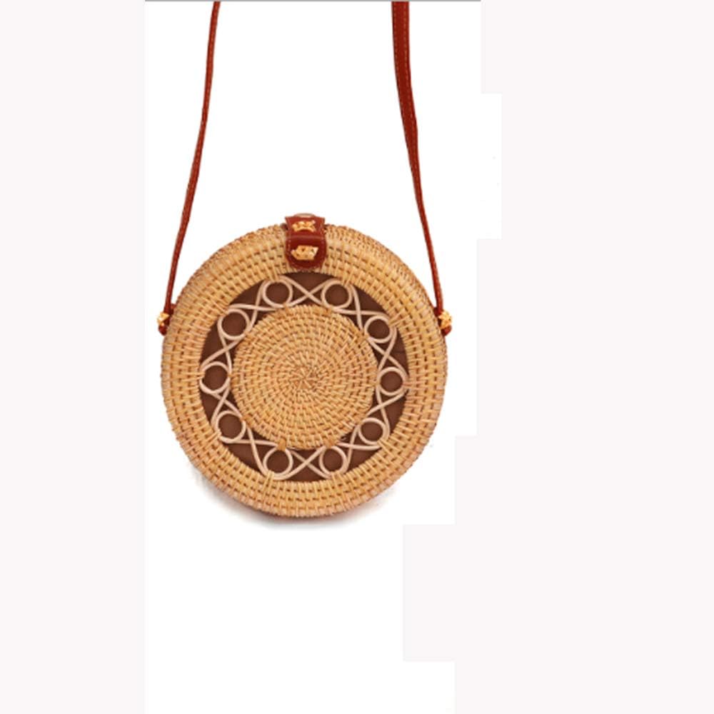 AHNNER Rattan Handwoven Crossbody Bag,Ladies Straw Beach Bag Retro One Shoulder Weaving Pouch PU Leather Strap Mini Pack Tropical Beach Style,C