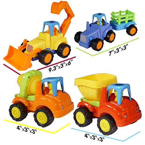 Friction Powered Cars Push and Go (4 Pack), Construction Vehicles Toys for Toddlers Including Tractor, Bulldozer, Cement Mixer, Dump Truck, Car Truck Toys Play Set for 2 3 4 Years Old Boys Gift