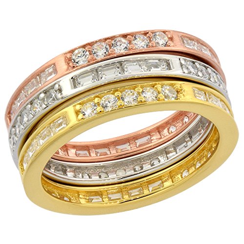 Sterling Silver Micro Pave Cubic Zirconia 3-pc. Stackable Eternity Band Set Tri-tone, size 9