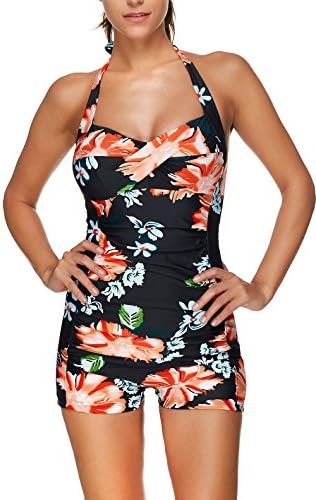 Lady's Vintage One Piece Swimsuit Elegant Plus Size Swimwear Retro Boy-Leg Halter Bathing Suit