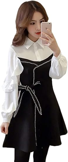 Xiaoyao ワンピース レディース ミニ 長袖 シャツワンピース 襟付き バイカラー おしゃれ ドッキング ワンピ Aライン フレア 可愛い 秋ワンピース 大きいサイズ ワンピース チュニック 通販 Amazon