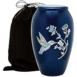 Mother of Pearl Inlaid Metal Cremation Urn - MOP Cremation Urn - Solid Metal Funeral Urn - Handcrafted Adult Funeral Urn for Ashes - Great Urn Deal with Free Bag (Hummingbird)