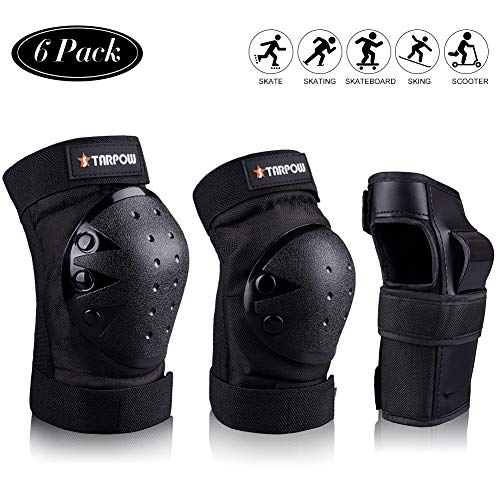 STARPOW Knee Pads for Kids/Adult Elbows Pads Wrist Guards 3 in 1 Protective Gear Set Set for Skateboarding, Roller Skating, Rollerblading, Snowboarding, Cycling(Black-L) (Best Knee Pads For Longboarding)