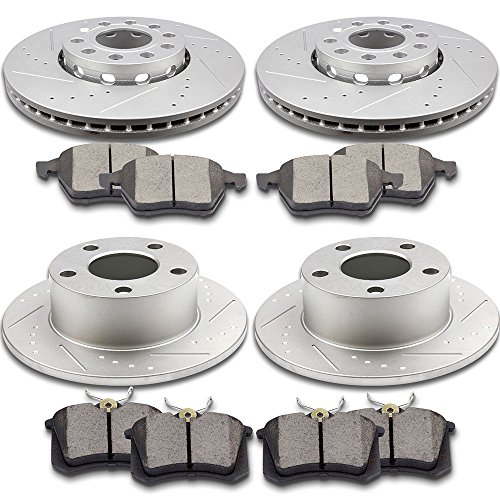 SCITOO Brake Kits, 4pcs Drilled Slotted Brake Rotors and 8pcs Ceramic Disc Brake Pads fit 2004 2005 Volkswagen Passat