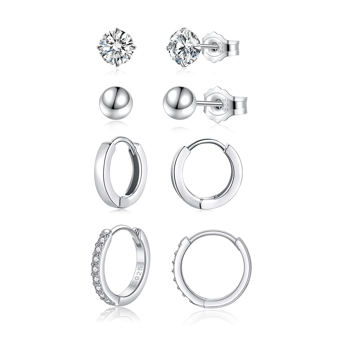Zolkamery Silver Hoop Earrings for Women, 925 Sterling Silver Earrings Set with Cubic Zirconia, 4 Pairs Small Stud Earrings & Hoop Earrings, Silver Cartilage Sleeper Earrings(5mm*2 + 12mm*2)